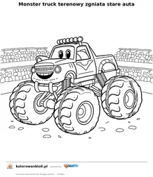 Monster truck terenowy zgniata stare auta — kolorowanka do wydruku dla dzieci