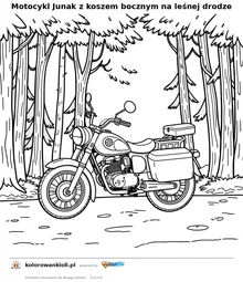 Motocykl Junak z koszem bocznym na leśnej drodze — kolorowanka do wydruku dla dzieci