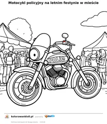 Motocykl policyjny na letnim festynie w mieście — kolorowanka do wydruku dla dzieci