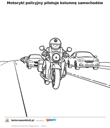 Motocykl policyjny pilotuje kolumnę samochodów — kolorowanka do wydruku dla dzieci