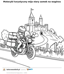 Motocykl turystyczny mija stary zamek na wzgórzu — kolorowanka do wydruku dla dzieci