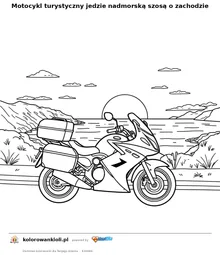 Motocykl turystyczny jedzie nadmorską szosą o zachodzie — kolorowanka do wydruku dla dzieci