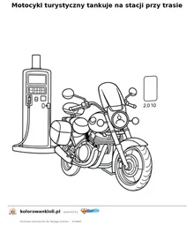 Motocykl turystyczny tankuje na stacji przy trasie — kolorowanka do wydruku dla dzieci