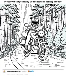 Motocykl turystyczny w deszczu na leśnej drodze — kolorowanka do wydruku dla dzieci