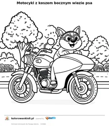 Motocykl z koszem bocznym wiezie psa — kolorowanka do wydruku dla dzieci