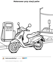 Motorower przy stacji paliw — kolorowanka do wydruku dla dzieci
