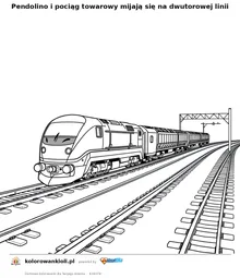 Pendolino i pociąg towarowy mijają się na dwutorowej linii — kolorowanka do wydruku dla dzieci