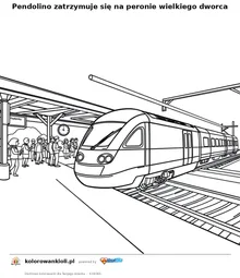 Pendolino zatrzymuje się na peronie wielkiego dworca — kolorowanka do wydruku dla dzieci