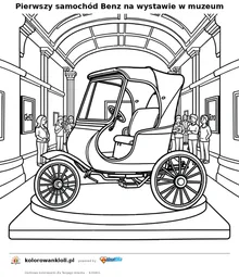 Pierwszy samochód Benz na wystawie w muzeum — kolorowanka do wydruku dla dzieci