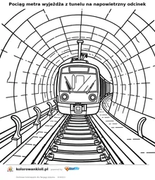 Pociąg metra wyjeżdża z tunelu na napowietrzny odcinek — kolorowanka do wydruku dla dzieci