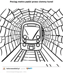 Pociąg metra pędzi przez ciemny tunel — kolorowanka do wydruku dla dzieci