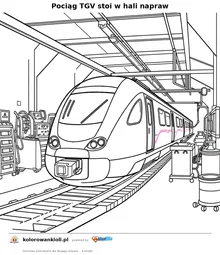 Pociąg TGV stoi w hali napraw — kolorowanka do wydruku dla dzieci