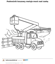 Podnośnik koszowy maluje most nad rzeką — kolorowanka do wydruku dla dzieci