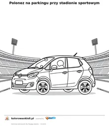 Polonez na parkingu przy stadionie sportowym — kolorowanka do wydruku dla dzieci