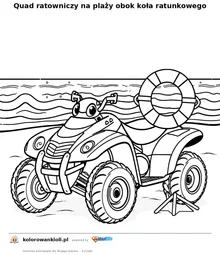 Quad ratowniczy na plaży obok koła ratunkowego — kolorowanka do wydruku dla dzieci
