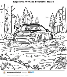 Rajdówka WRC na błotnistej trasie — kolorowanka do wydruku dla dzieci
