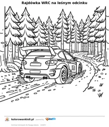 Rajdówka WRC na leśnym odcinku — kolorowanka do wydruku dla dzieci