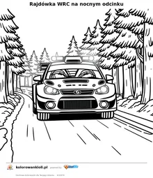 Rajdówka WRC na nocnym odcinku — kolorowanka do wydruku dla dzieci