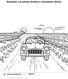 Roadster na polnej drodze o zachodzie słońca — kolorowanka do wydruku dla dzieci