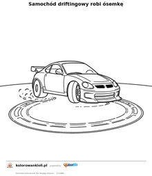 Samochód driftingowy robi ósemkę — kolorowanka do wydruku dla dzieci