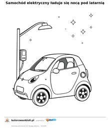 Samochód elektryczny ładuje się nocą pod latarnią — kolorowanka do wydruku dla dzieci