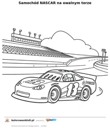 Samochód NASCAR na owalnym torze — kolorowanka do wydruku dla dzieci