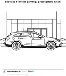 Shooting brake na parkingu przed galerią sztuki — kolorowanka do wydruku dla dzieci