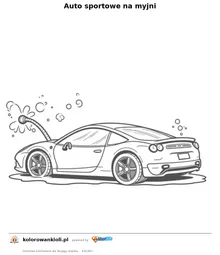 Auto sportowe na myjni — kolorowanka do wydruku dla dzieci