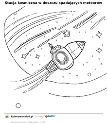 Stacja kosmiczna w deszczu spadających meteorów — kolorowanka do wydruku dla dzieci