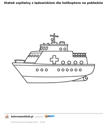 Statek szpitalny z lądowiskiem dla helikoptera na pokładzie — kolorowanka do wydruku dla dzieci
