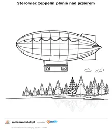 Sterowiec zeppelin płynie nad jeziorem — kolorowanka do wydruku dla dzieci