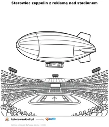 Sterowiec zeppelin z reklamą nad stadionem — kolorowanka do wydruku dla dzieci