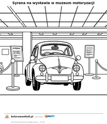 Syrena na wystawie w muzeum motoryzacji — kolorowanka do wydruku dla dzieci