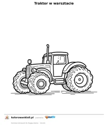 Traktor w warsztacie — kolorowanka do wydruku dla dzieci