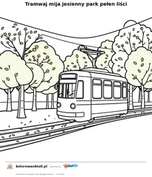 Tramwaj mija jesienny park pełen liści — kolorowanka do wydruku dla dzieci