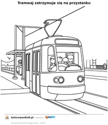 Tramwaj zatrzymuje się na przystanku — kolorowanka do wydruku dla dzieci