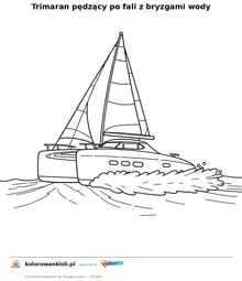 Trimaran pędzący po fali z bryzgami wody — kolorowanka do wydruku dla dzieci