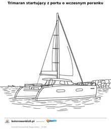 Trimaran startujący z portu o wczesnym poranku — kolorowanka do wydruku dla dzieci