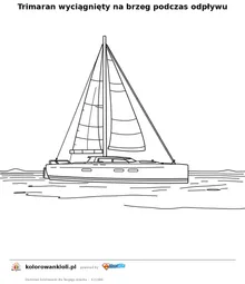 Trimaran wyciągnięty na brzeg podczas odpływu — kolorowanka do wydruku dla dzieci