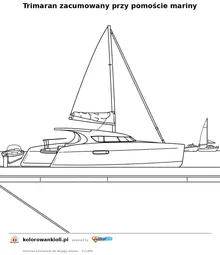 Trimaran zacumowany przy pomoście mariny — kolorowanka do wydruku dla dzieci
