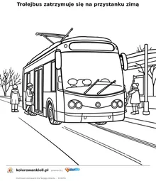 Trolejbus zatrzymuje się na przystanku zimą — kolorowanka do wydruku dla dzieci