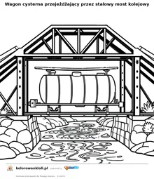Wagon cysterna przejeżdżający przez stalowy most kolejowy — kolorowanka do wydruku dla dzieci