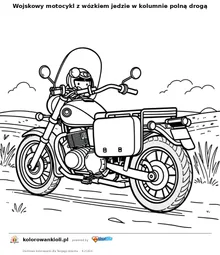 Wojskowy motocykl z wózkiem jedzie w kolumnie polną drogą — kolorowanka do wydruku dla dzieci