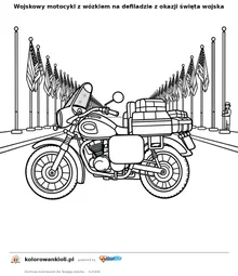 Wojskowy motocykl z wózkiem na defiladzie z okazji święta wojska — kolorowanka do wydruku dla dzieci