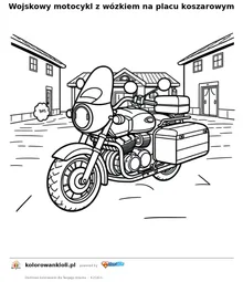 Wojskowy motocykl z wózkiem na placu koszarowym — kolorowanka do wydruku dla dzieci