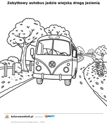 Zabytkowy autobus jedzie wiejską drogą jesienią — kolorowanka do wydruku dla dzieci