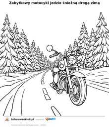 Zabytkowy motocykl jedzie śnieżną drogą zimą — kolorowanka do wydruku dla dzieci