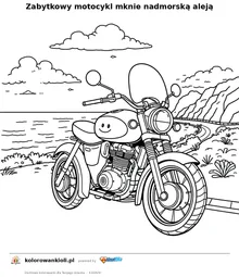Zabytkowy motocykl mknie nadmorską aleją — kolorowanka do wydruku dla dzieci