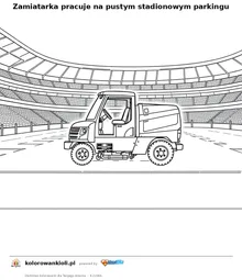 Zamiatarka pracuje na pustym stadionowym parkingu — kolorowanka do wydruku dla dzieci