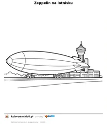 Zeppelin na lotnisku — kolorowanka do wydruku dla dzieci